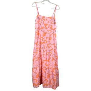 NEW Social Standard By Sanctuary Dress Woman's Large Pink Orange Floral 3 Tiered